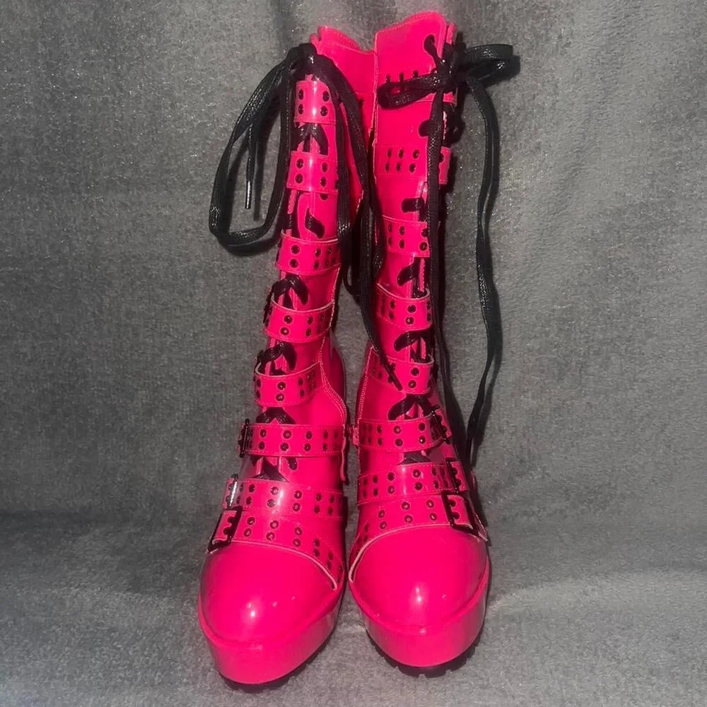 Ellie Women's Hot Pink PVC Boots Buckles Platform Size 8
